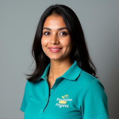 Headshot of Aisha Khan, a professional woman in a Pawsome Progress polo shirt.